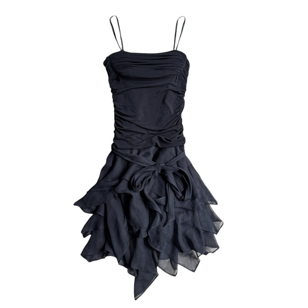 Y2K BCBG Black Flowy Silk Mini Dress Waist Tie Sash Goth Fairy Dress Style S